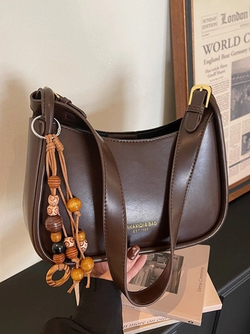 Retro PU Leather Hobo Underarm Bag For Women Fashionable Shoulder Handbag With Wood Beads Charm Vintage Solid Color Purse