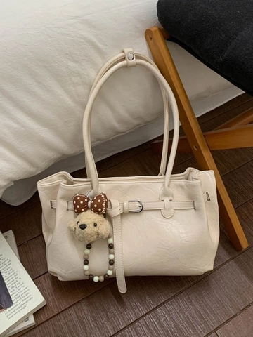 Sac Tote en Cuir PU Vintage pour Femmes Grande Capacité Sac à Épaule Minimaliste Avec Boucle de Ceinture et Pendentif Ours