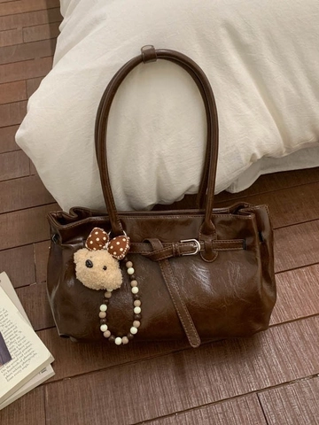 Sac Tote en Cuir PU Vintage pour Femmes Grande Capacité Sac à Épaule Minimaliste Avec Boucle de Ceinture et Pendentif Ours
