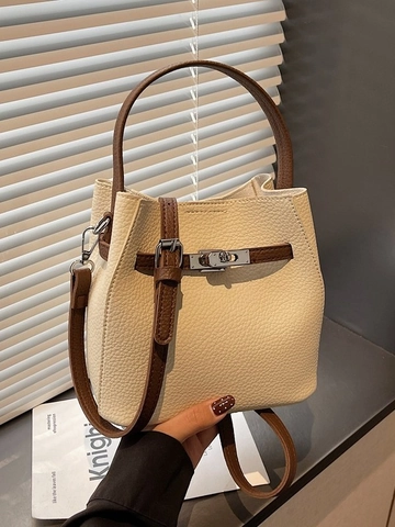 Women Vintage Bucket Bag PU Leather Lychee Pattern Retro Handbag Contrast Color Shoulder Crossbody Bag With Metal Rotate Lock