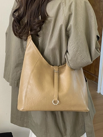 Borsa Tote Grande da Donna in Pelle PU Minimalista Retrò a Spalla Con Dettaglio Anello Metallico e Cuciture Borsa Hobo