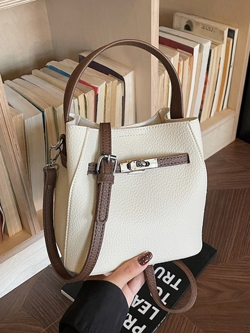 Women Vintage Bucket Bag PU Leather Lychee Pattern Retro Handbag Contrast Color Shoulder Crossbody Bag With Metal Rotate Lock