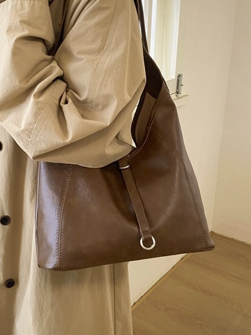 Borsa Tote Grande da Donna in Pelle PU Minimalista Retrò a Spalla Con Dettaglio Anello Metallico e Cuciture Borsa Hobo