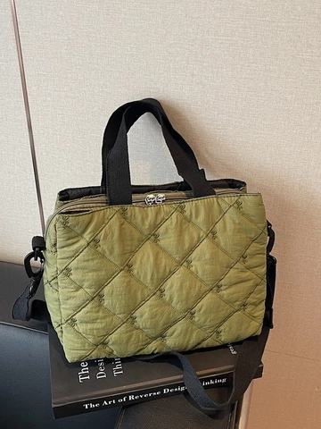 Women Quilted Puffer Tote Bag Large Capacity Rhombus Pattern Embroidered Shoulder Bag With Bow Detail Polyester Handbag