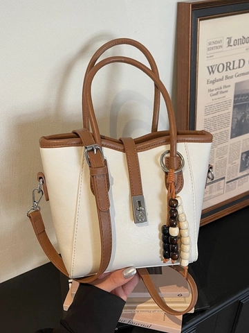 Women Trendy PU Leather Handbag With Wooden Bead Charm Stitching Crossbody Shoulder Bag Small Tote Satchel Daily Commute Purse