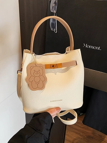 Women Lychee Grain PU Leather Bucket Bag With Bear Pendant Minimalist Retro Handbag Crossbody Shoulder Bag Office Commute