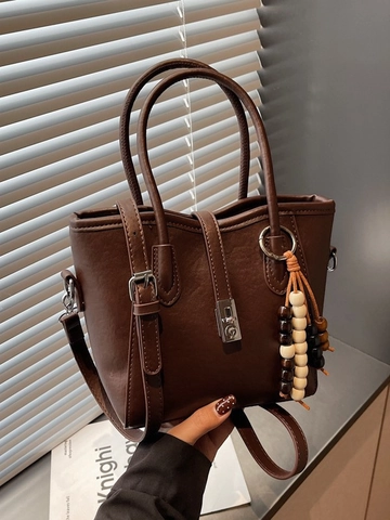Women Trendy PU Leather Handbag With Wooden Bead Charm Stitching Crossbody Shoulder Bag Small Tote Satchel Daily Commute Purse