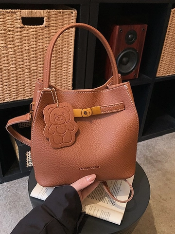Women Lychee Grain PU Leather Bucket Bag With Bear Pendant Minimalist Retro Handbag Crossbody Shoulder Bag Office Commute