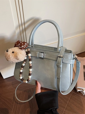 Chic Women PU Leather Handbag Simple Elegant Crossbody Shoulder Bag With Plush Bear Pendant Solid Color Square Tote For Daily