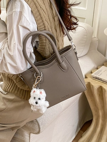 Secchiello da Donna in Pelle PU con Motivo Litchi Retrò Borsa a Tracolla Street Fashion con Ciondolo Cagnolino di Peluche Borsa Casual