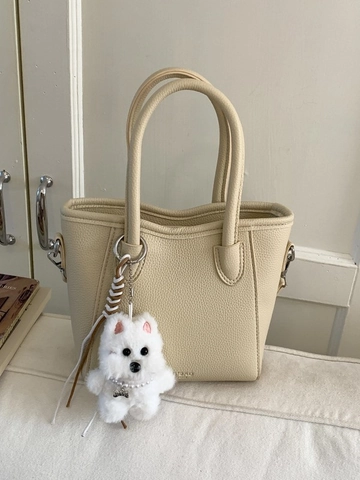 Secchiello da Donna in Pelle PU con Motivo Litchi Retrò Borsa a Tracolla Street Fashion con Ciondolo Cagnolino di Peluche Borsa Casual