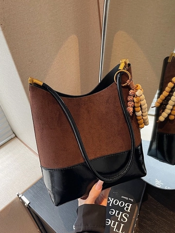 Women Retro Splicing Bucket Bag Suede PU Leather Large Capacity Shoulder Bag With Wood Beads Contrast Color Underarm Bag