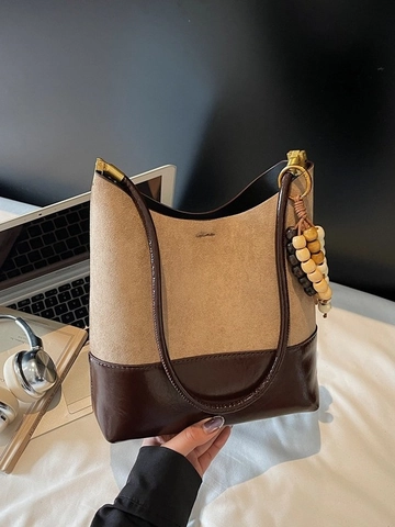 Women Retro Splicing Bucket Bag Suede PU Leather Large Capacity Shoulder Bag With Wood Beads Contrast Color Underarm Bag