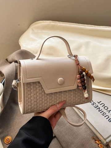 Vintage PU Leather Woven Handbag For Women Retro Small Square Bag With Wood Bead Pendant Casual Shoulder Crossbody Bag