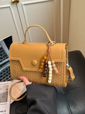 Vintage PU Leather Woven Handbag For Women Retro Small Square Bag With Wood Bead Pendant Casual Shoulder Crossbody Bag