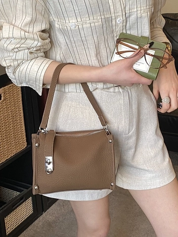Borsa a Tracolla Minimalista in Pelle PU a Grana Litchi Per Donna Borsa a Spalla con Borchie Retro Handbag Urbana