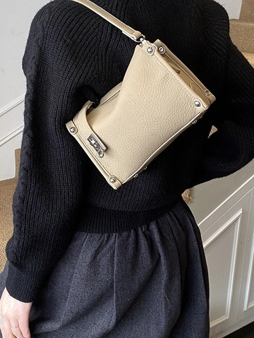 Borsa a Tracolla Minimalista in Pelle PU a Grana Litchi Per Donna Borsa a Spalla con Borchie Retro Handbag Urbana