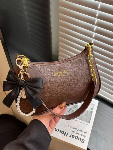 Women Fashion PU Lychee Grain Underarm Bag Solid Color Gold Chain Shoulder Bag With Bow Pearl Pendant Hobo Handbag