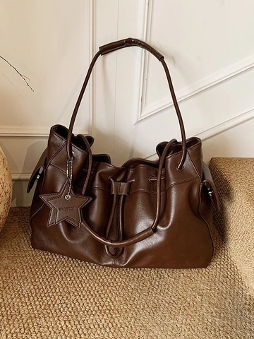 Bolso Tote de Cuero PU de Gran Capacidad para Mujer Bolso de Hombro Informal Plisado Con Cordón Con Colgante de Estrella