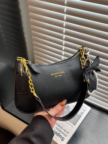 Women Fashion PU Lychee Grain Underarm Bag Solid Color Gold Chain Shoulder Bag With Bow Pearl Pendant Hobo Handbag