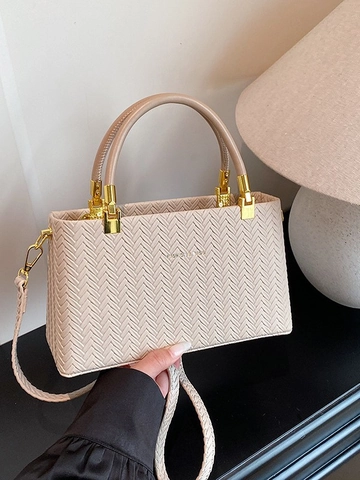Borsa a Mano da Donna in Pelle PU con Motivo Intrecciato Elegante Texture a Chevron Borsa a Tracolla Hardware Dorato
