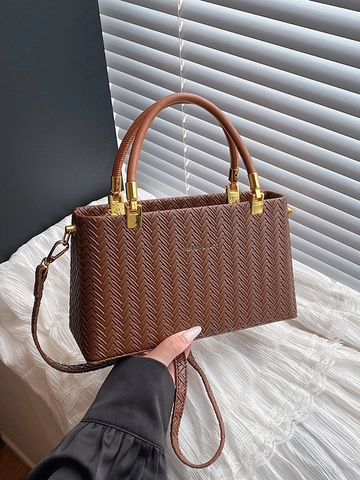 Borsa a Mano da Donna in Pelle PU con Motivo Intrecciato Elegante Texture a Chevron Borsa a Tracolla Hardware Dorato