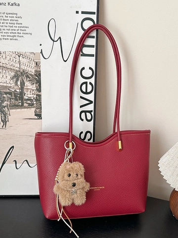 Bolso Tote Vintage de Cuero PU de Gran Capacidad para Mujer Con Colgante de Oso Moda Viaje Diario Bolso de Hombro Letras Doradas