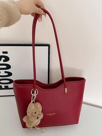 Sac Cabas Vintage en Cuir PU Galet Grande Capacité pour Femmes Avec Pendentif Ours Mode Trajet Sac à Bandoulière