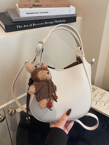 Borsa a Secchiello da Donna con Trama Litchi Borsa a Mano in Pelle PU con Ciondolo Orso Borsa a Tracolla Quotidiana