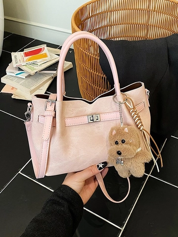 Mode Damen Eimer Tasche Vielseitig PU Leder Handtasche Jeans Patchwork Schultertasche Mit Plüsch Hund Anhänger Täglich Umhängetasche