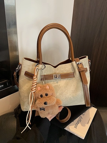 Mode Damen Eimer Tasche Vielseitig PU Leder Handtasche Jeans Patchwork Schultertasche Mit Plüsch Hund Anhänger Täglich Umhängetasche