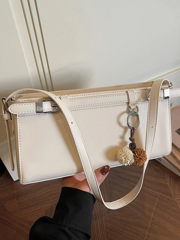 Damen Minimalistische PU Leder Baguette Unterarmtasche Mit Pelzball-Anhänger Nähte Design Pendler Schulter Handtasche Alltag