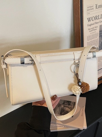 Damen Minimalistische PU Leder Baguette Unterarmtasche Mit Pelzball-Anhänger Nähte Design Pendler Schulter Handtasche Alltag