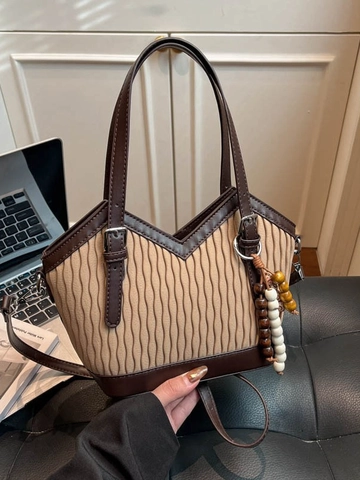 Women Vintage Pleated Bucket Bag PU Leather Shoulder Crossbody Bag With Wood Bead Charm Large Capacity Urban Commuter Handbag