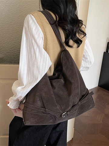 Grand Sac Cabas Minimaliste en Suédine pour Femmes Sac à Épaule en Polyester Souple Rétro Avec Surpiqûres Sac Hobo de Navette