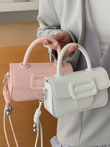 Vintage PU Leather Square Buckle Handbag For Women Glossy Shoulder Crossbody Bag With Detachable Strap Daily Commuting Fashion Tote