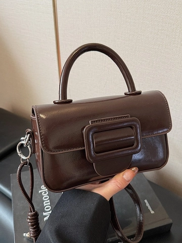 Vintage PU Leather Square Buckle Handbag For Women Glossy Shoulder Crossbody Bag With Detachable Strap Daily Commuting Fashion Tote