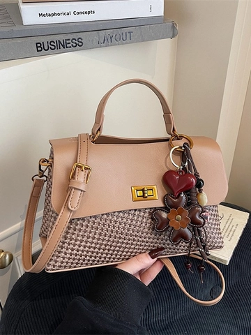 Retro PU Leer Splicing Geweven Handtas Voor Vrouwen Vintage Crossbody Schoudertas Met Hart Bloem Hanger Kantoor Tas