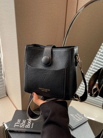 Retro PU Leather Bucket Bag For Women Fashion Wide Shoulder Strap Crossbody Bag Casual Daily Commuting Shoulder Bag Small Solid Color Handbag