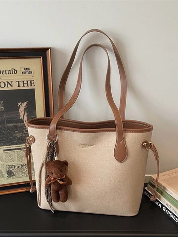 Bolso Tote de Cuero PU Minimalista Vintage para Mujer Bolso de Hombro de Gran Capacidad Con Colgante de Oso de Peluche para Diario
