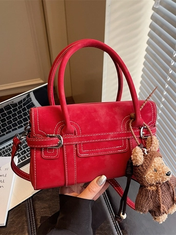 Women Vintage PU Suede Handbag Crossbody Bag With Contrast Stitching Removable Bear Pendant Fashion Commute Satchel Bag