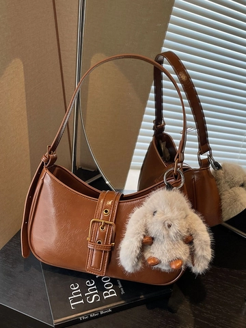 Women's PU Leather Underarm Bag Minimalist Crossbody Shoulder Bag With Plush Bunny Pendant Solid Color Commuting Bag
