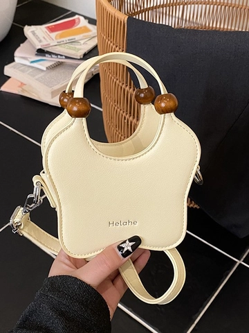 Damen Urban Minimalistisch PU Leder Herz Schmetterling Form Mini Handtasche Mode Holzperlen Griff Umhängetasche Schultertasche