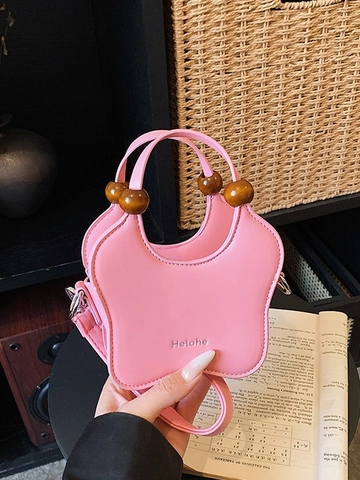 Damen Urban Minimalistisch PU Leder Herz Schmetterling Form Mini Handtasche Mode Holzperlen Griff Umhängetasche Schultertasche