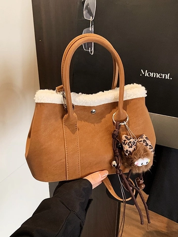 Women's Retro PU Leather Bucket Bag with Faux Shearling Trim Elegant Solid Color Handbag for Daily Commute Fashion Crossbody Bag