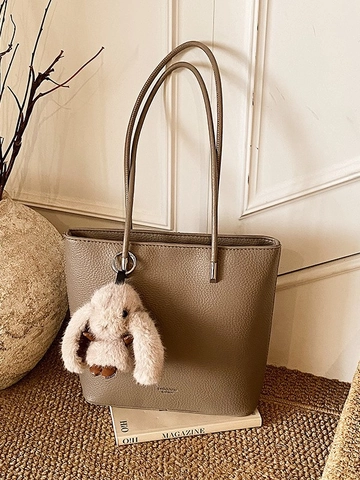 Borsa Tote da Donna alla Moda con Trama Litchi in Pelle PU Borsa a Spalla Grande Capacità con Charm Coniglio Pendolare Casual