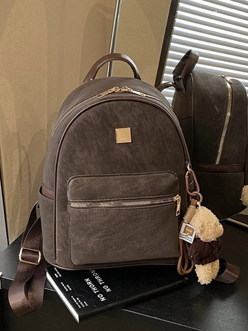 Damen Retro PU Leder Rucksack Urban Minimalistisch Hohe Kapazität Täglicher Pendler Tasche Mit Süßem Plüschbären Anhänger