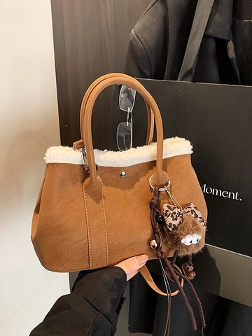 Women's Retro PU Leather Bucket Bag with Faux Shearling Trim Elegant Solid Color Handbag for Daily Commute Fashion Crossbody Bag