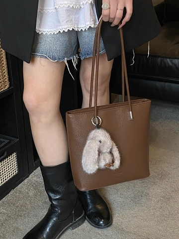Borsa Tote da Donna alla Moda con Trama Litchi in Pelle PU Borsa a Spalla Grande Capacità con Charm Coniglio Pendolare Casual