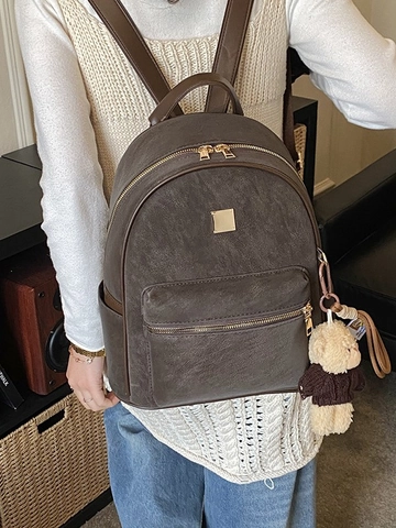 Damen Retro PU Leder Rucksack Urban Minimalistisch Hohe Kapazität Täglicher Pendler Tasche Mit Süßem Plüschbären Anhänger